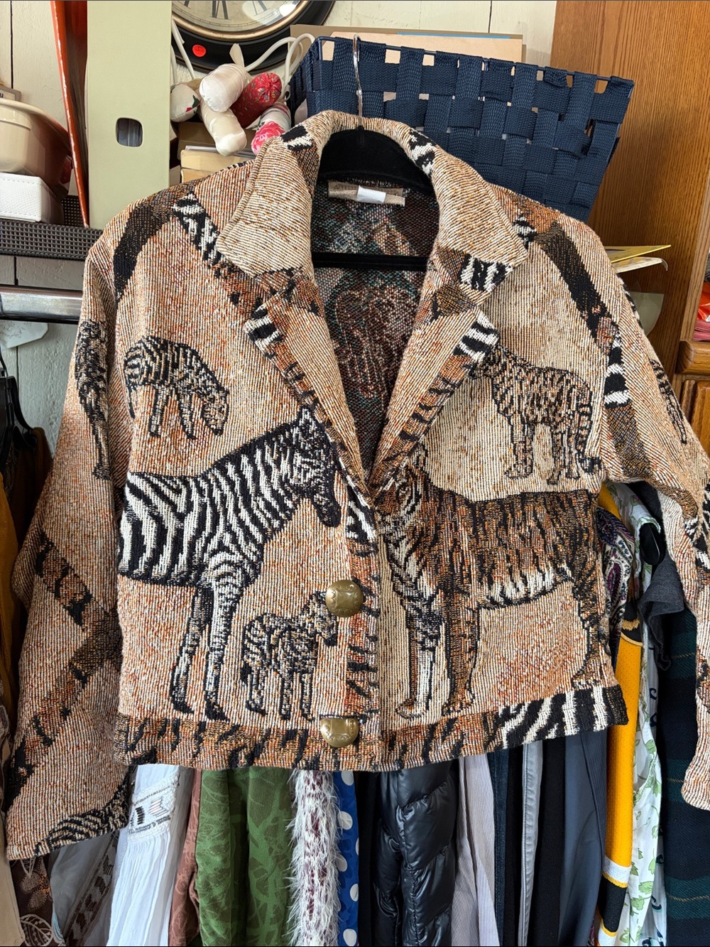 Animal-Pattern Cropped Blazer in Tan and Black